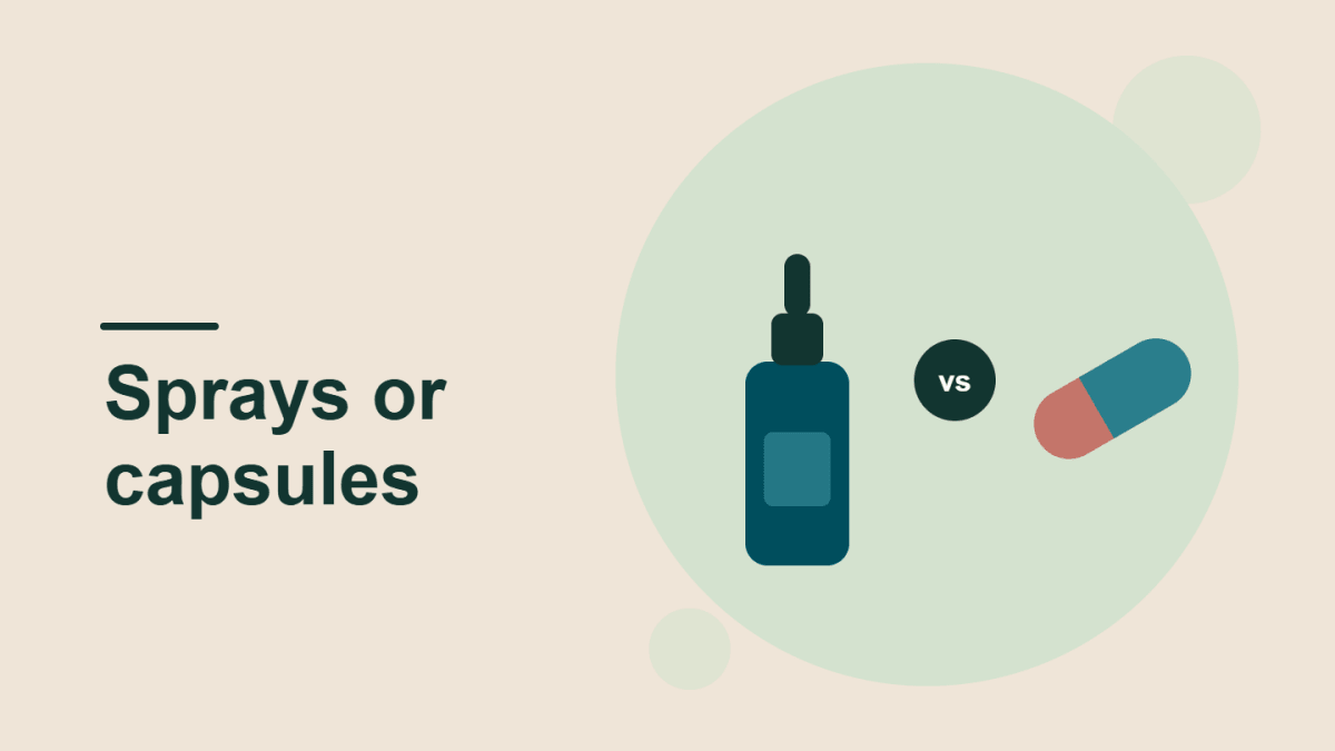 A plain spray bottle beside a capsule on a cream background, the cover image for our guide to nasal sprays vs capsules.