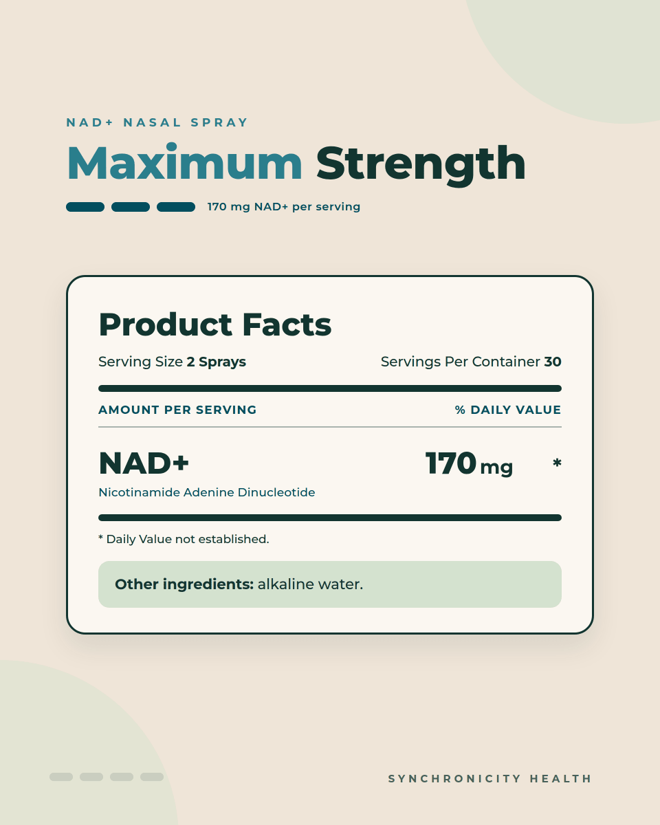NAD+ Nasal Spray Maximum Strength product facts: serving size 2 sprays, 30 servings per container, 170 mg NAD+ (nicotinamide adenine dinucleotide) per serving. Other ingredients: alkaline water.