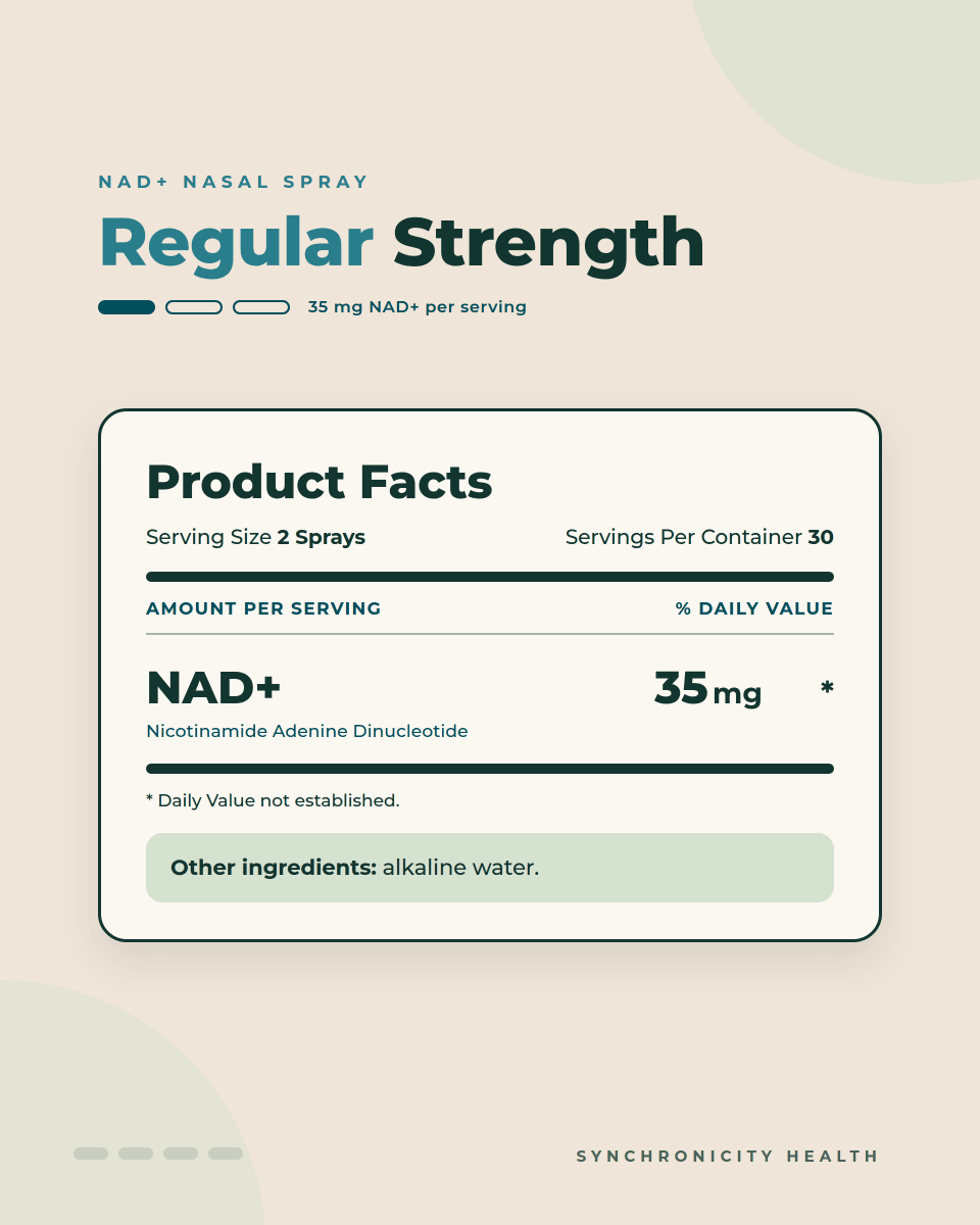 NAD+ Nasal Spray Regular Strength product facts: serving size 2 sprays, 30 servings per container, 35 mg NAD+ (nicotinamide adenine dinucleotide) per serving. Other ingredients: alkaline water.