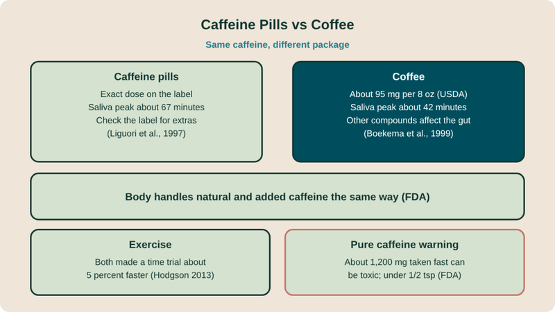 Diagram: caffeine pills vs coffee. Same caffeine, handled the same way by the body (FDA). Coffee peaked in saliva at about 42 minutes, capsules at about 67 (one study). Both improved a cycling time trial by about 5 percent at the same dose.