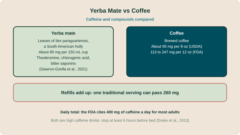 Diagram: yerba mate vs coffee. Mate: leaves of a holly tree, about 80 mg caffeine per 150 mL cup, plus theobromine and chlorogenic acid; refills can pass 260 mg. Brewed coffee: about 95 mg per 8 oz (USDA).