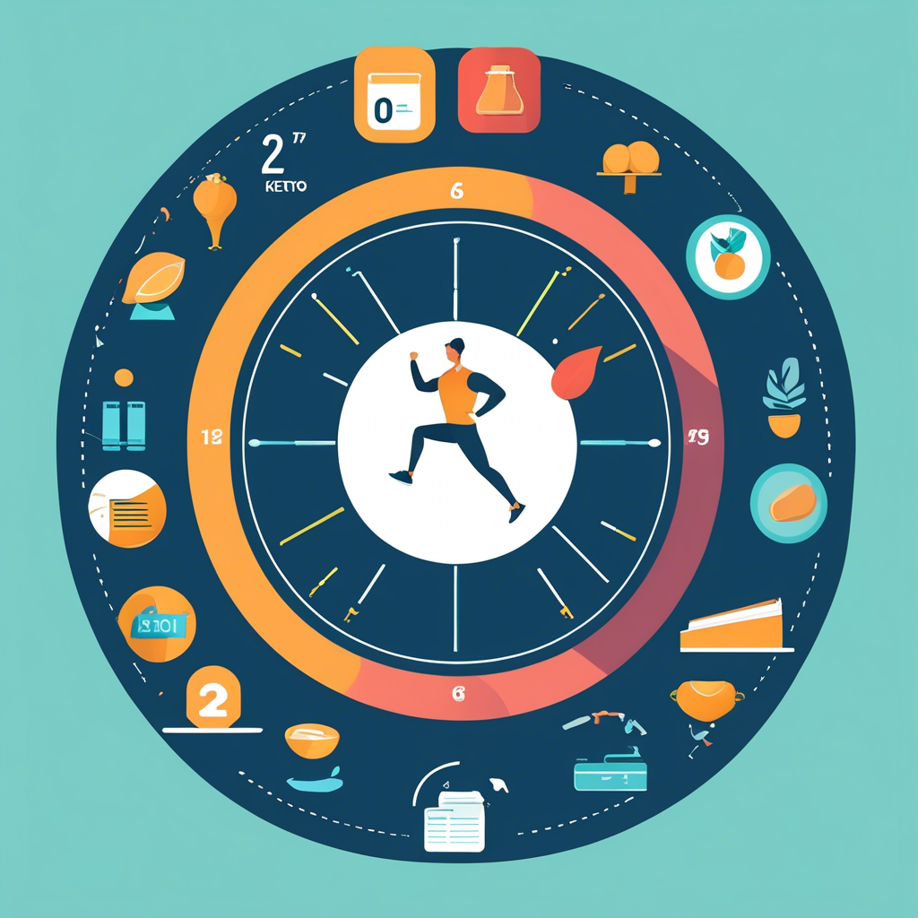 "Infographic of a ketogenic diet wheel with icons symbolizing exercise, food, and health benefits."