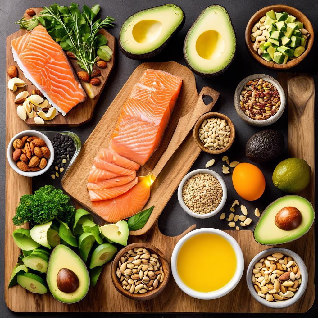 Assorted ketogenic diet foods like salmon, avocados, nuts, and oils.