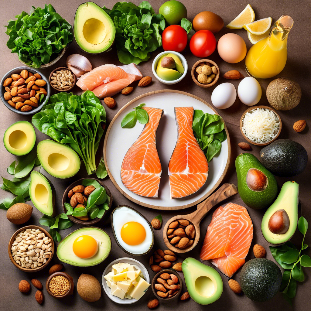 Assorted keto-friendly foods, including salmon, avocados, eggs, and nuts.