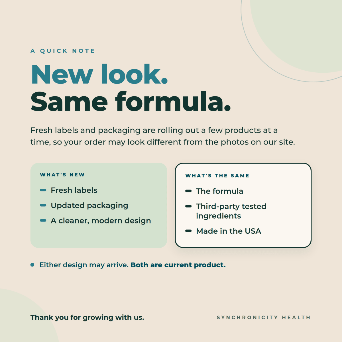 Synchronicity Health note: new look, same formula. Fresh labels and packaging, with the same third-party tested ingredients, made in the USA