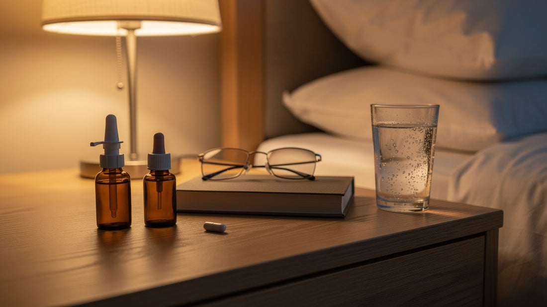 Nasal spray bottle on bedside table for nighttime sleep support