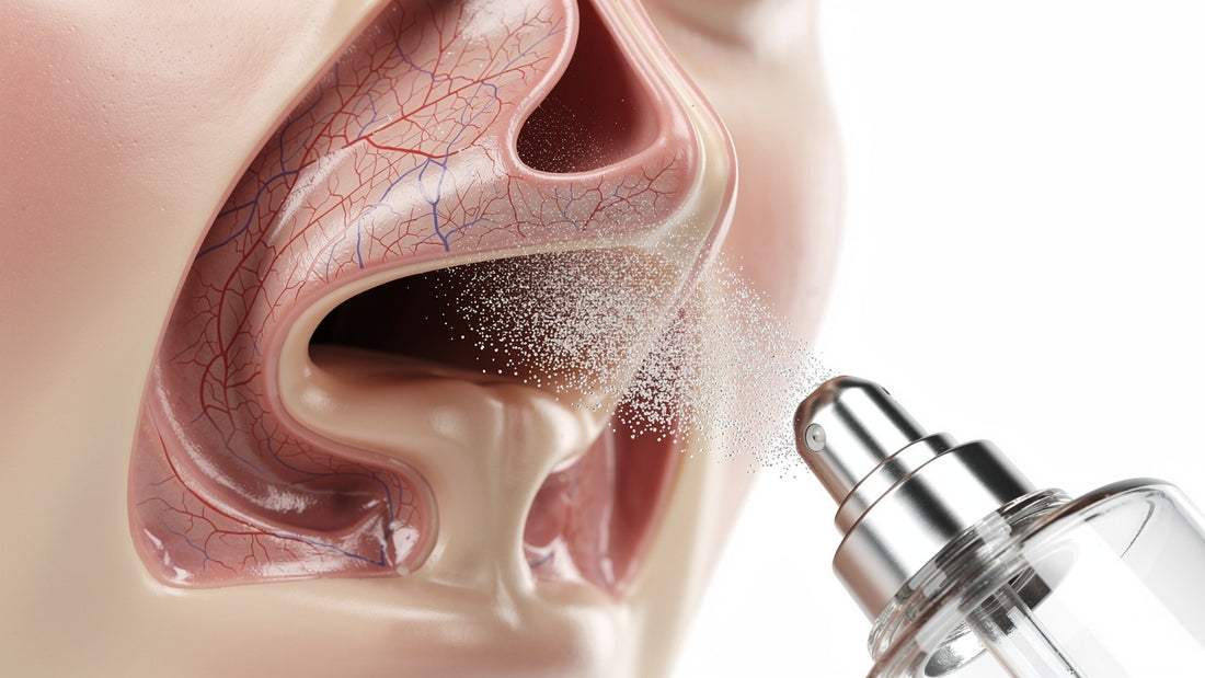 Close-up of nasal cavity showing blood vessels and mist absorption