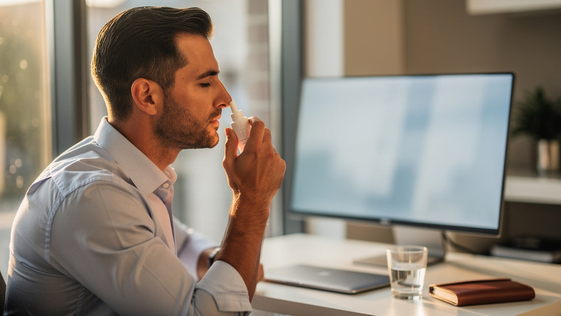 Professional man using nasal spray at modern office desk